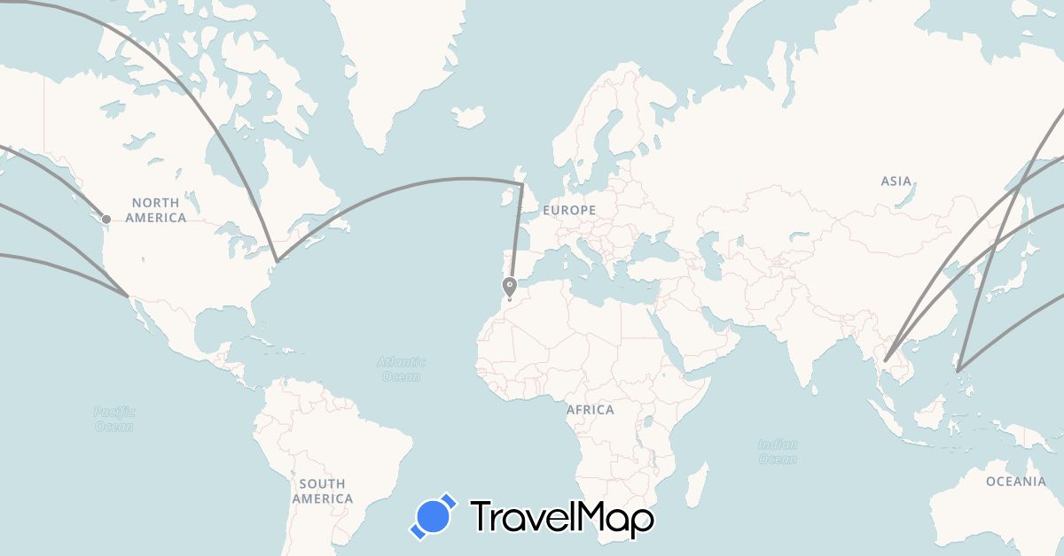 TravelMap itinerary: driving, plane in Canada, United Kingdom, Morocco, Philippines, Thailand, United States (Africa, Asia, Europe, North America)